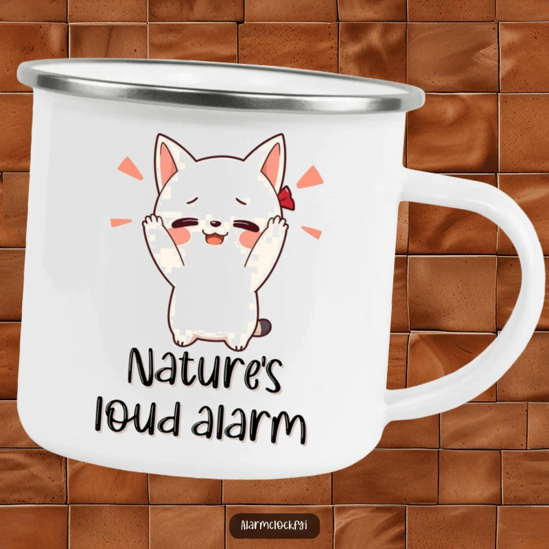 Funny camping mug with a blushing character covering its ears from a loud alarm, inspiring a desire for quiet and humor outdoors.