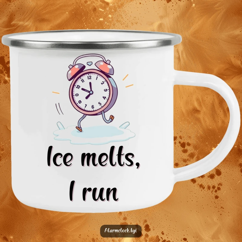 Funny melting alarm clock camping mug, showing a clock with tiny legs running away from a melting ice cube.