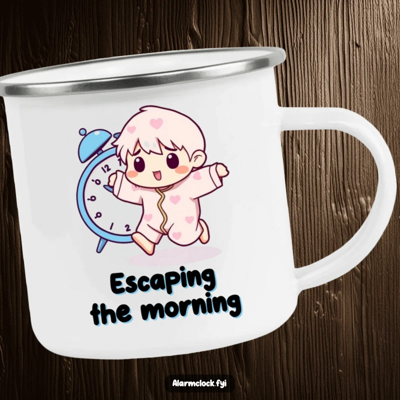 Funny camping mug featuring a pajama-clad character playfully running from a buzzing alarm clock, designed for humorous outdoor mornings.
