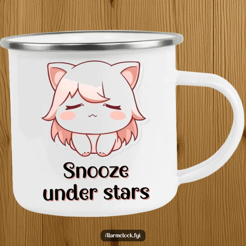 Funny camping mug featuring a sleepy character with eyes covered, ideal for enjoying a warm beverage during peaceful, serene outdoor moments.