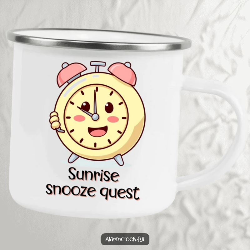 Funny camping mug depicting a determined alarm clock character repeatedly pushing the snooze button, perfect for relaxed outdoor mornings.