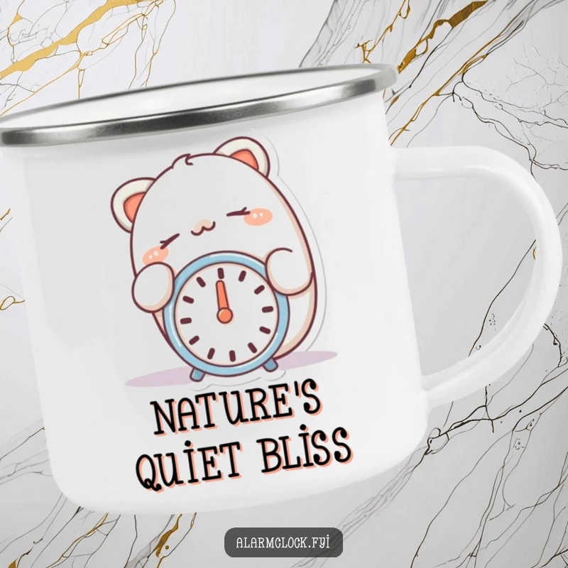 Funny camping mug showing a happy character snoozing with a finger over a silent alarm clock.