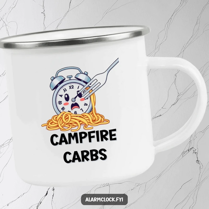 Funny camping mug showing a spaghetti clock escaping a fork, great for humorous outdoor adventures.