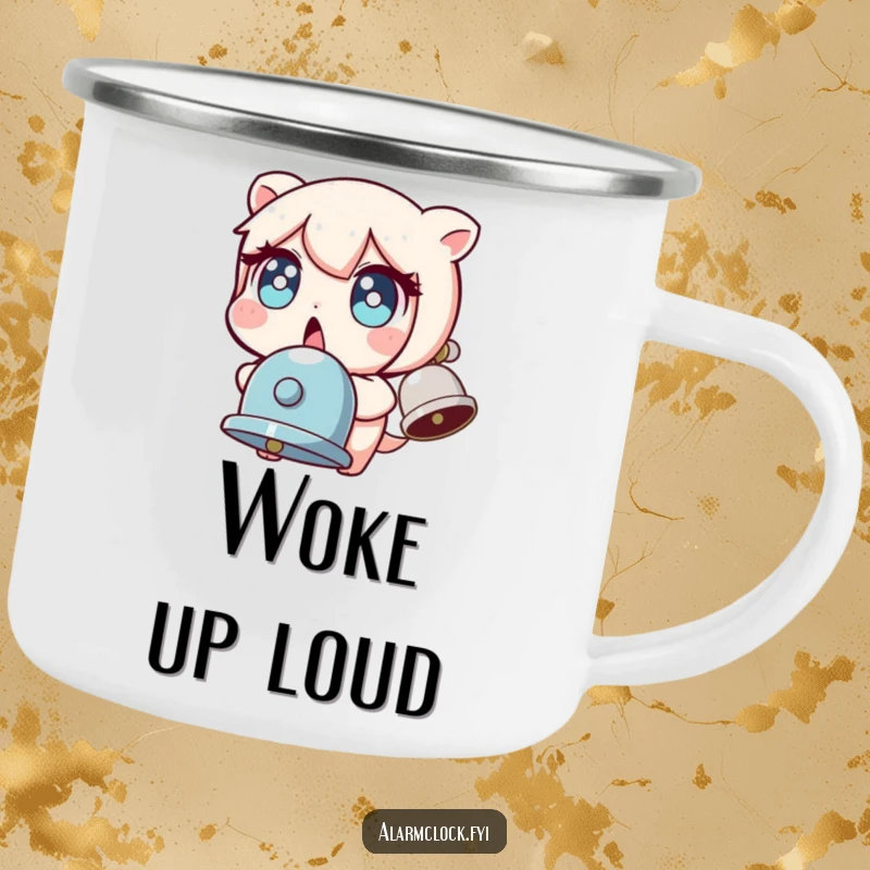 Funny camping mug depicting a character with wide, startled eyes, jolted by a bell, for humorous outdoor enjoyment.