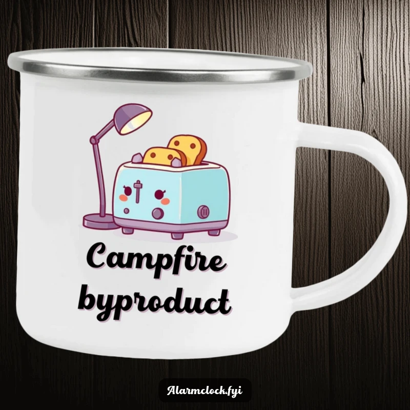 Funny camping mug featuring a toaster toasting bread with a desk lamp, a sturdy and humorous mug for outdoor enthusiasts.