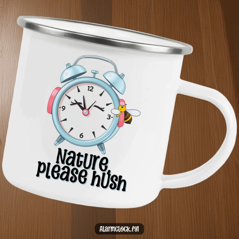 Funny camping mug featuring a sleepy alarm clock with earmuffs ignoring a buzzing bee, perfect for enjoying beverages outdoors peacefully.