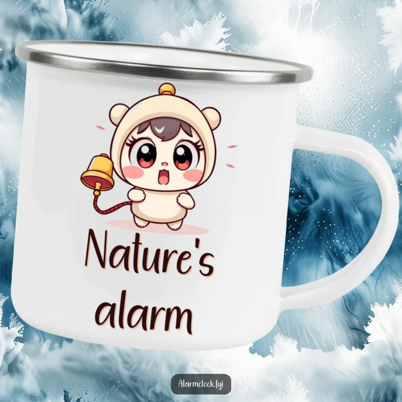 Funny camping mug showing a cute character with large, startled eyes beside a loud bell, ready for a humorous outdoor experience.
