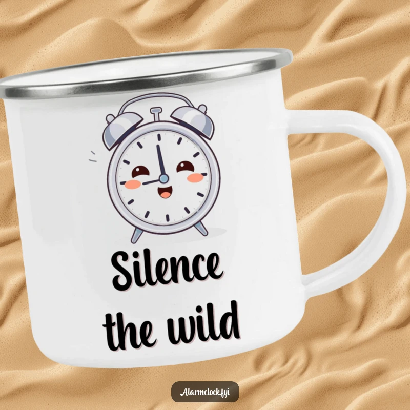 Funny Relief Clock Camping Mug: A character sighing while turning off an alarm clock, for enjoying the outdoors with morning relief humor.