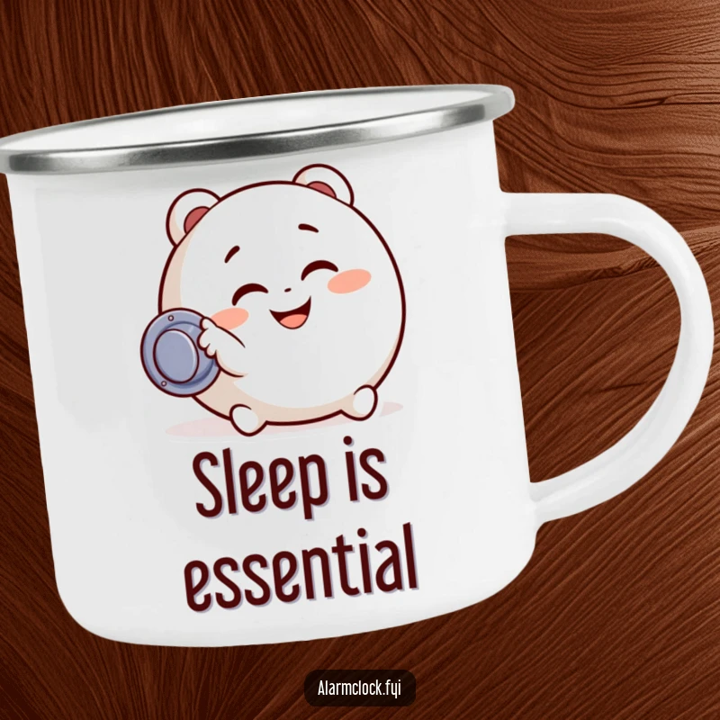 Funny camping mug with a character cheerfully pressing a snooze button, perfect for outdoor enthusiasts who appreciate a humorous start to their day.