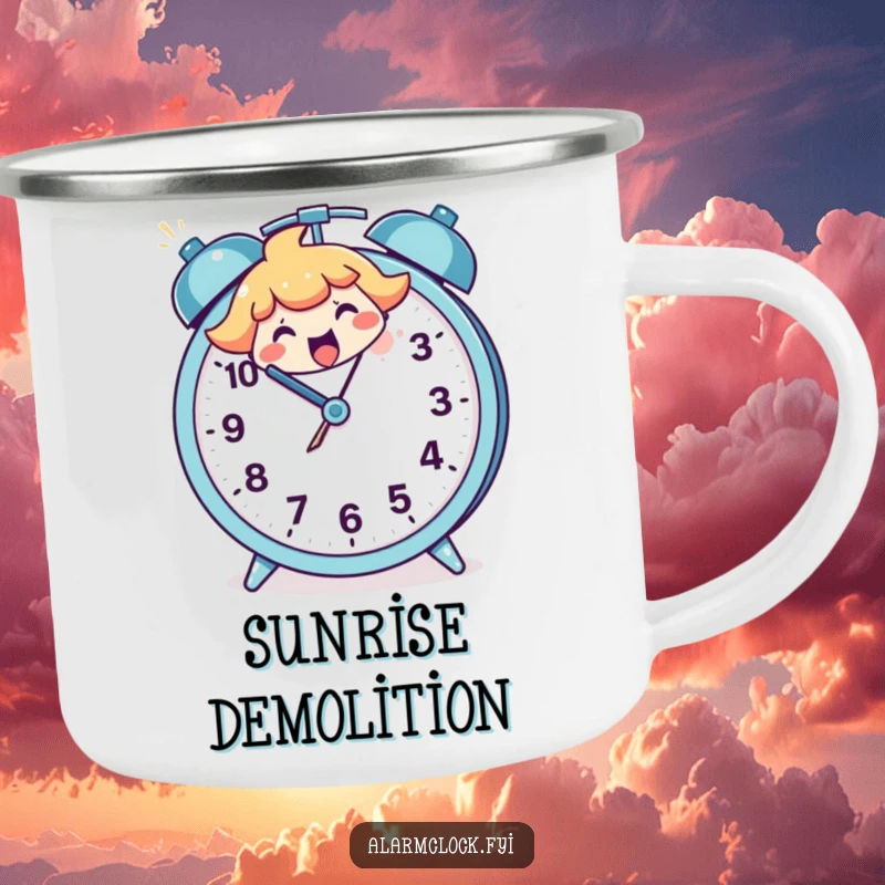 Funny camping mug with a character happily smashing a big cartoon alarm clock, perfect for humorous outdoor mornings.