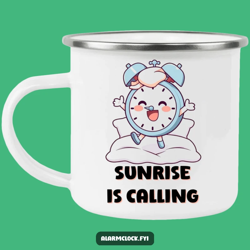 Funny Enamel Camping Mug: Cheerful Character's Wake-Up Call, Rugged and Funny Gift