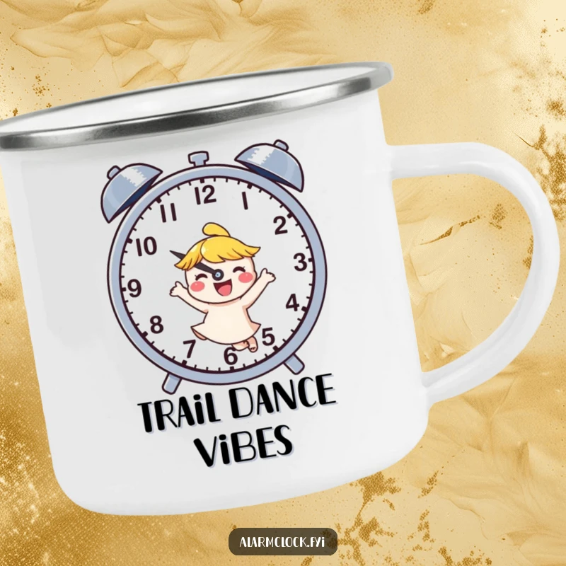 Funny camping mug showing a joyful character dancing next to buzzing clock hands, perfect for humorous outdoor celebrations.