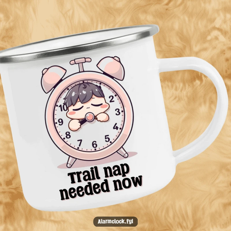 Funny camping mug featuring a sleepy character groggily pressing a giant alarm clock's snooze button, designed for humorous outdoor mornings.