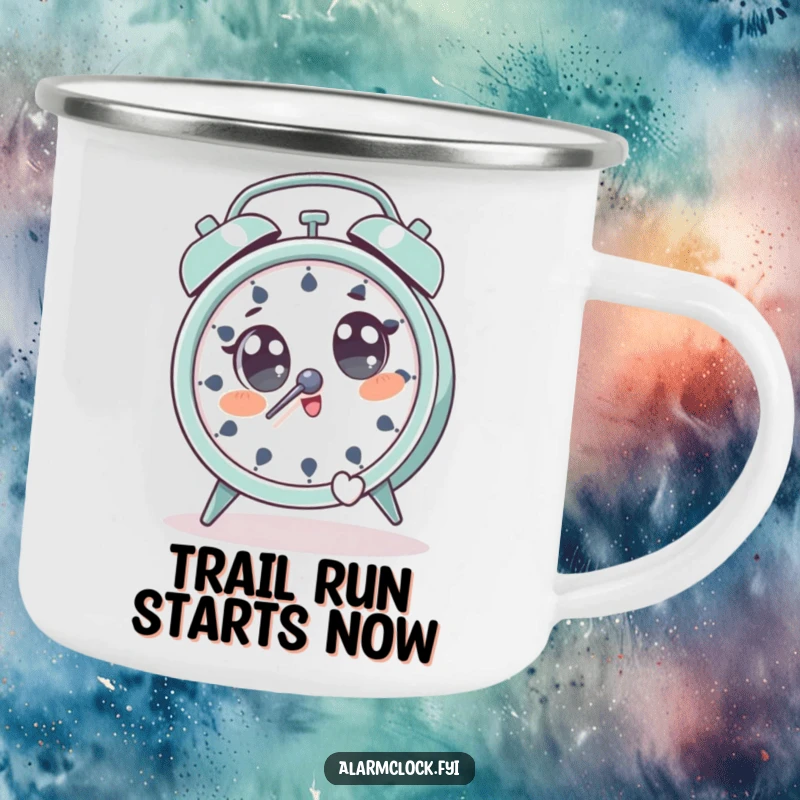 Funny camping mug showing a character with wide eyes, jumping away from a ringing alarm clock.