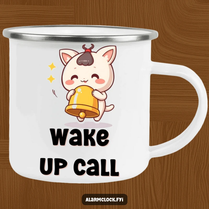 Funny ringing bell camping mug with a cute character vigorously ringing a bell, designed for outdoor use.