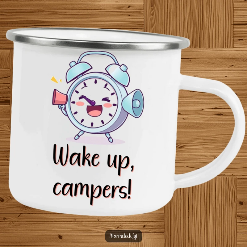 Funny Camping Mug: A determined alarm clock shouting greetings through a megaphone, perfect for morning camp brews.