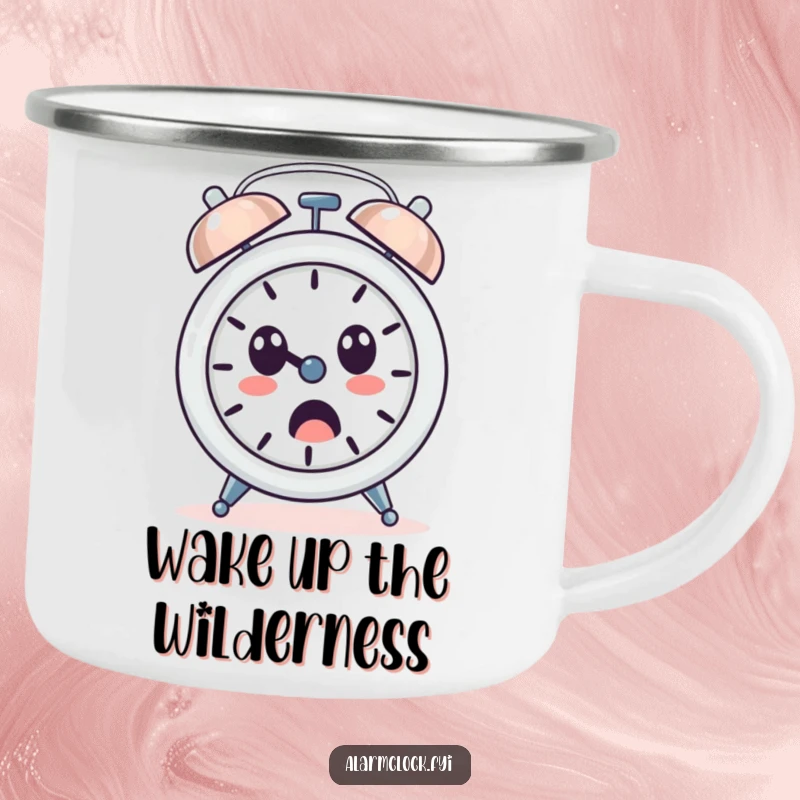 Funny camping mug with a loudly ringing alarm clock character and a surprised face, for humorous outdoor mornings.