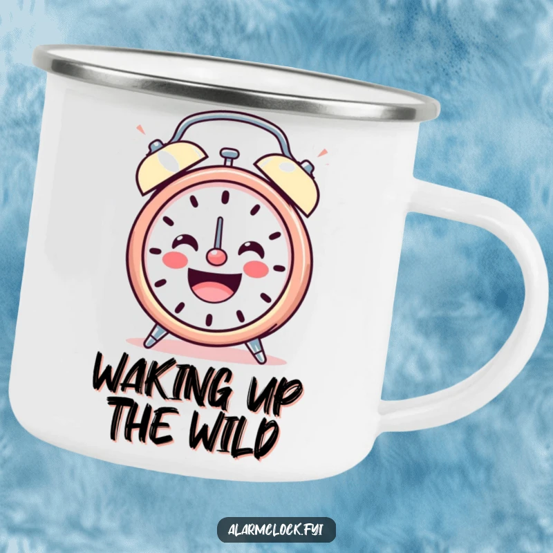 Funny camping mug with a smiling alarm clock character ringing loudly with cheerful energy, ideal for happy outdoor mornings.
