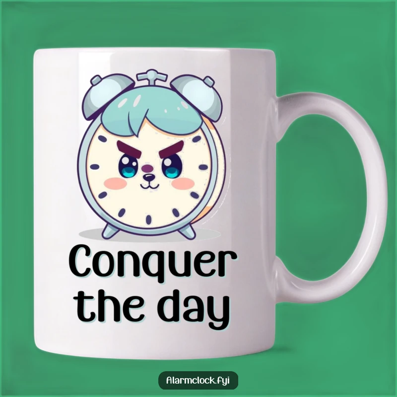 Funny Determined Mug: Smiling Character Faces Alarm Clock, Perfect Motivational Gift