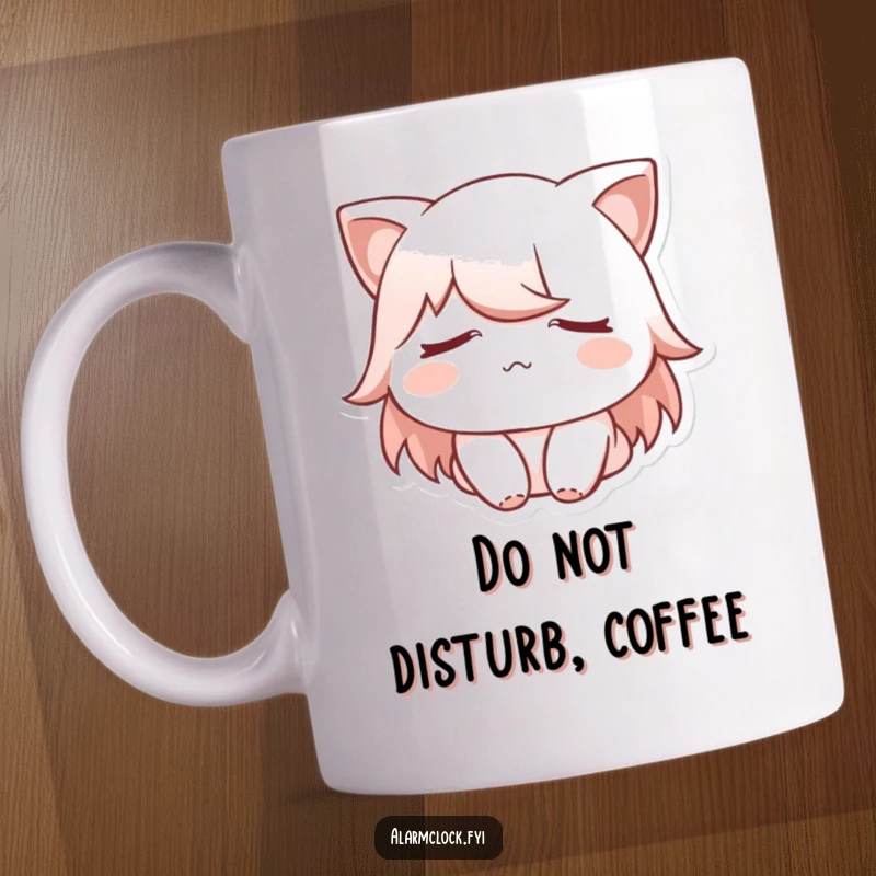 Funny mug depicting a character with eyes covered, showcasing a universally understood sleepy expression, perfect for coffee lovers.