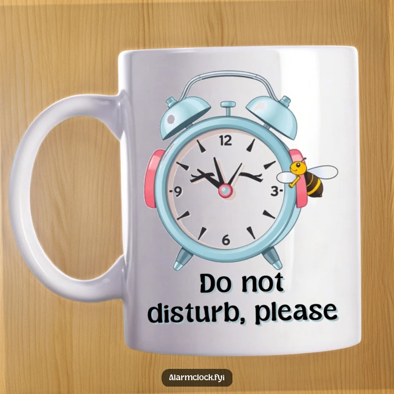 Funny mug showing a sleepy alarm clock wearing earmuffs, blocking out a tiny buzzing bee, symbolizing a desire for peace.