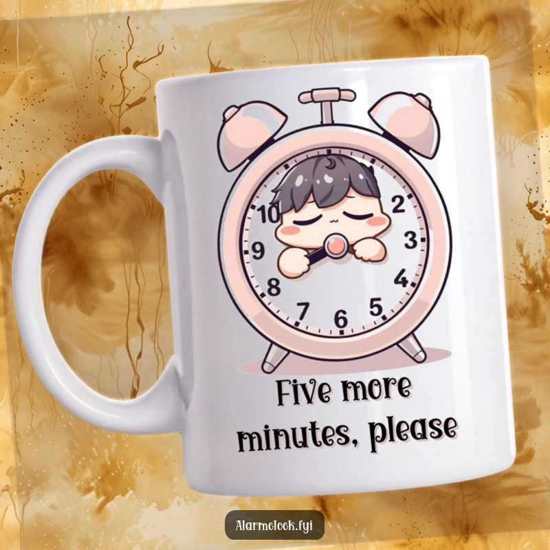 Funny mug with a sleepy character groggily hitting a giant alarm clock's snooze button, embodying morning reluctance.