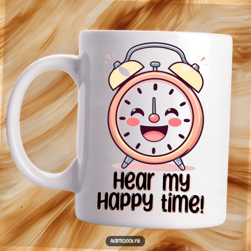 Funny mug showcasing a smiling alarm clock character ringing loudly with infectious cheerful energy, perfect for a happy morning gift.