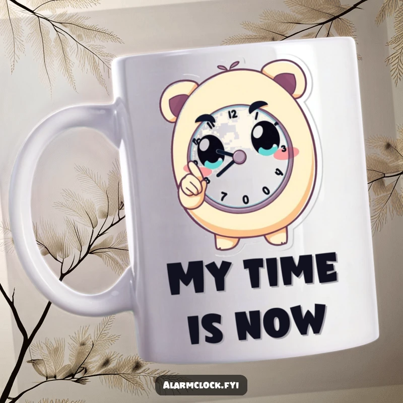 Funny mug with a determined character pointing at a clock, symbolizing focus and punctuality. Ideal motivational gift.