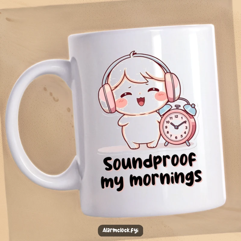 Funny mug showing a giggling character wearing earmuffs while a small alarm clock rings nearby.
