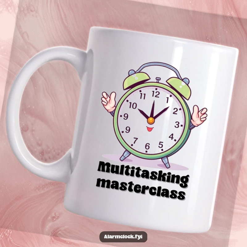 Funny mug depicting a round alarm clock struggling to juggle its own hands, symbolizing busy schedules and humorous time management.