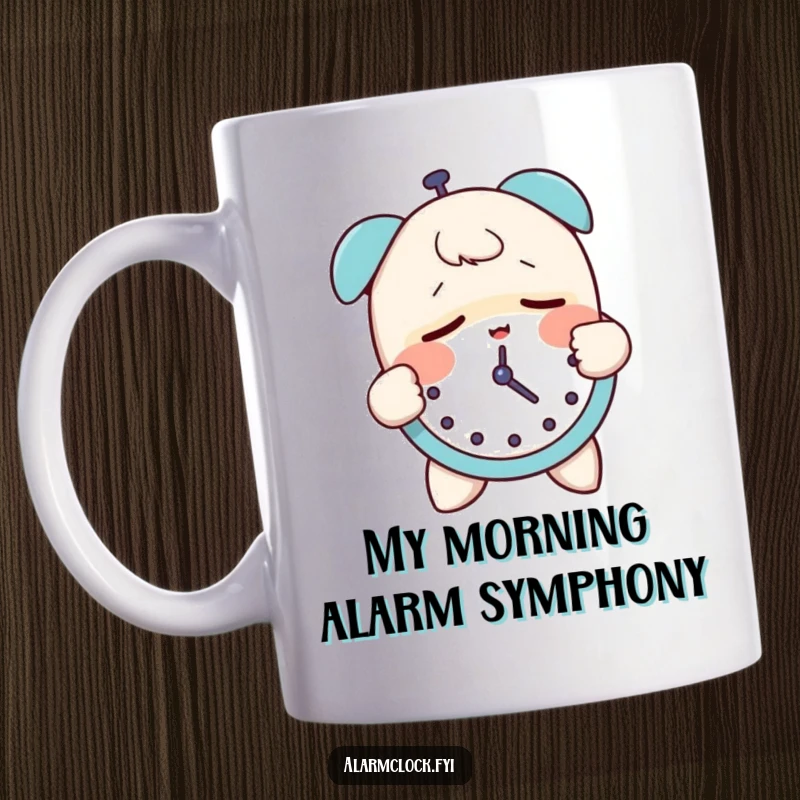 Funny mug featuring a sleepy character groggily slapping an annoying alarm clock, embodying morning reluctance and humor.