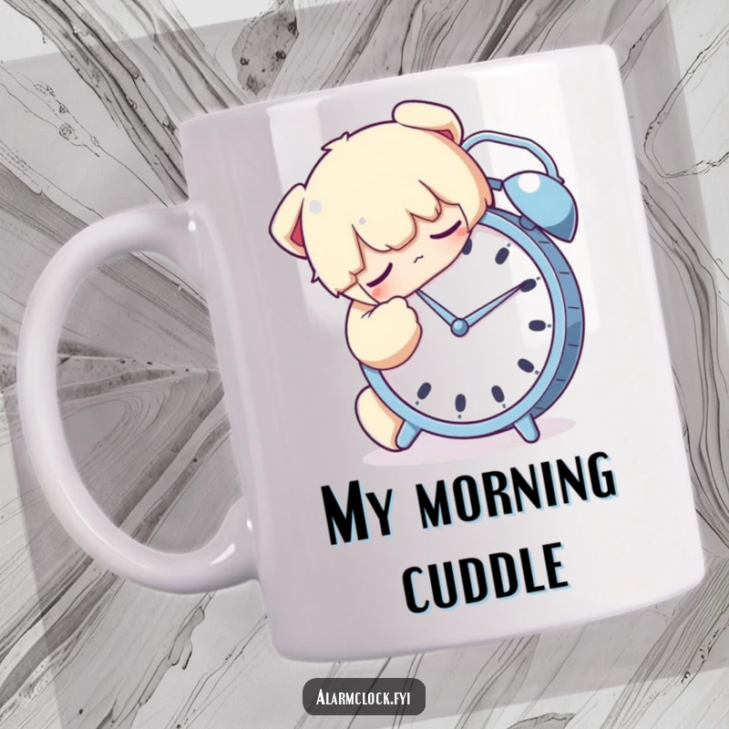 Funny mug featuring a character sleeping soundly while hugging an alarm clock tightly, symbolizing deep sleep.