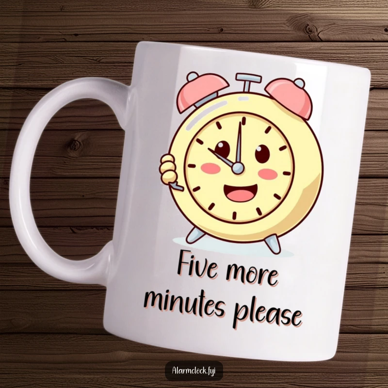 Funny mug featuring a determined alarm clock character relentlessly pushing its snooze button, embodying the spirit of sleep lovers.