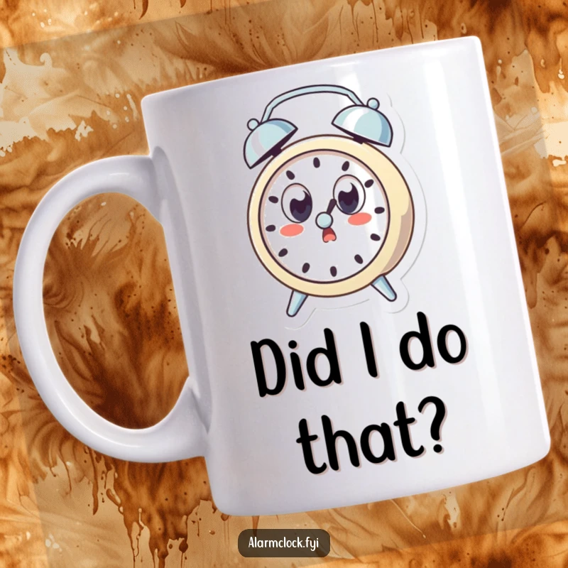 Funny mug featuring a surprised alarm clock character with wide eyes, startled by its own loud ring, a humorous morning gift.