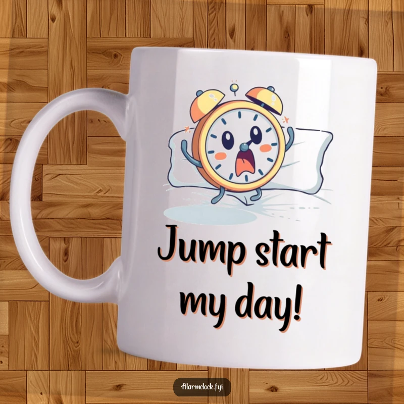 Funny mug depicting a startled alarm clock character leaping out of bed with a shocked expression, capturing morning surprise.