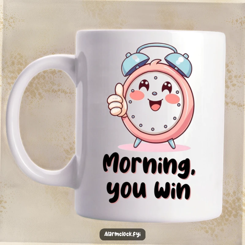Funny mug with a happy character confidently giving a thumbs up while a loud alarm clock rings, symbolizing positive acceptance.