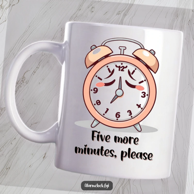 Funny mug showing a tired character reluctantly hitting the snooze button on an alarm clock, capturing morning reluctance.