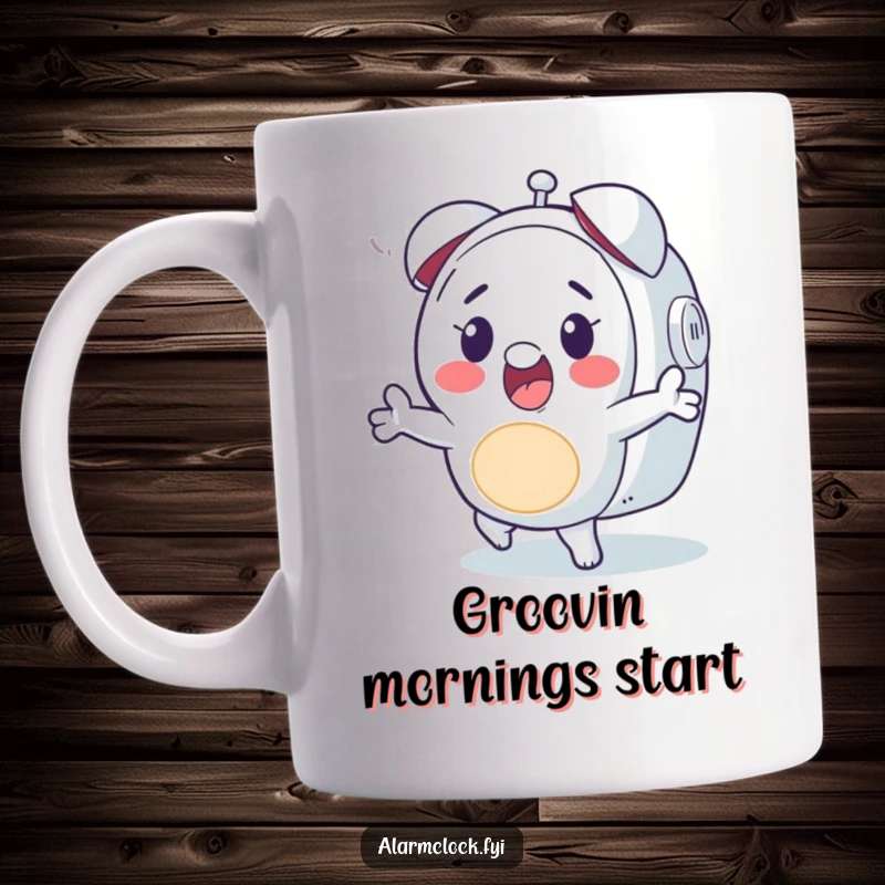 Funny mug showing a cheerful character joyfully dancing to the sound of an alarm clock, embodying musical morning delight.