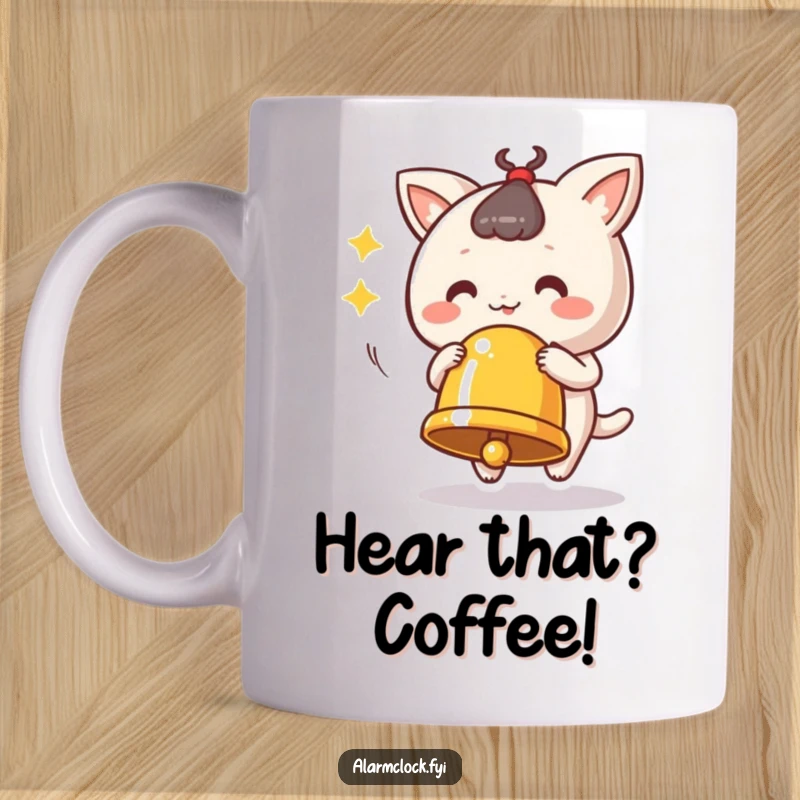 Funny ringing bell mug featuring a cute character vigorously ringing a bell, symbolizing cheerful noise and fun.