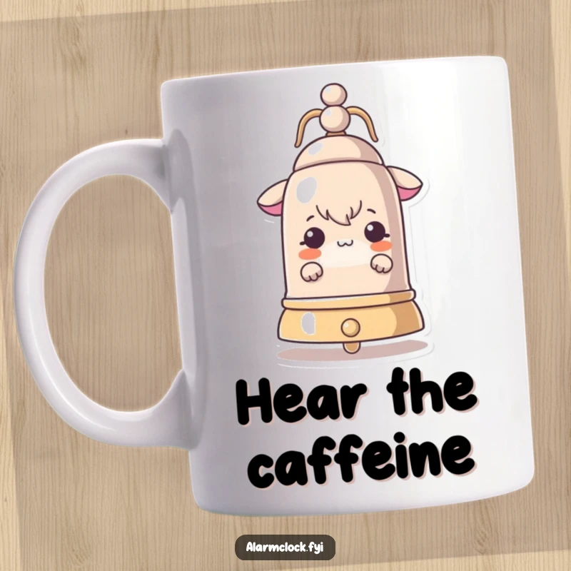 Funny mug showing a curious character peeking from behind a large, loud ringing bell, symbolizing an alert awakening.
