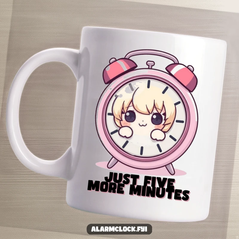 Funny mug showing a surprised cartoon character peeking around a loud, ringing alarm clock, conveying morning confusion and humor.