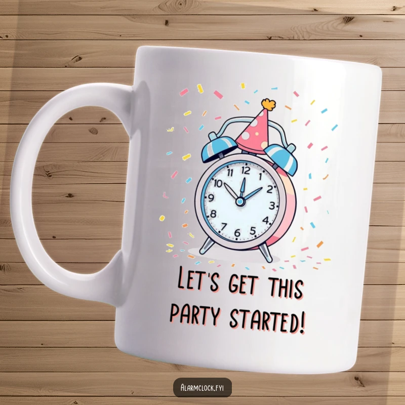 Funny mug showing a party-hat-wearing alarm clock spinning with confetti, symbolizing a joyful and energetic start.