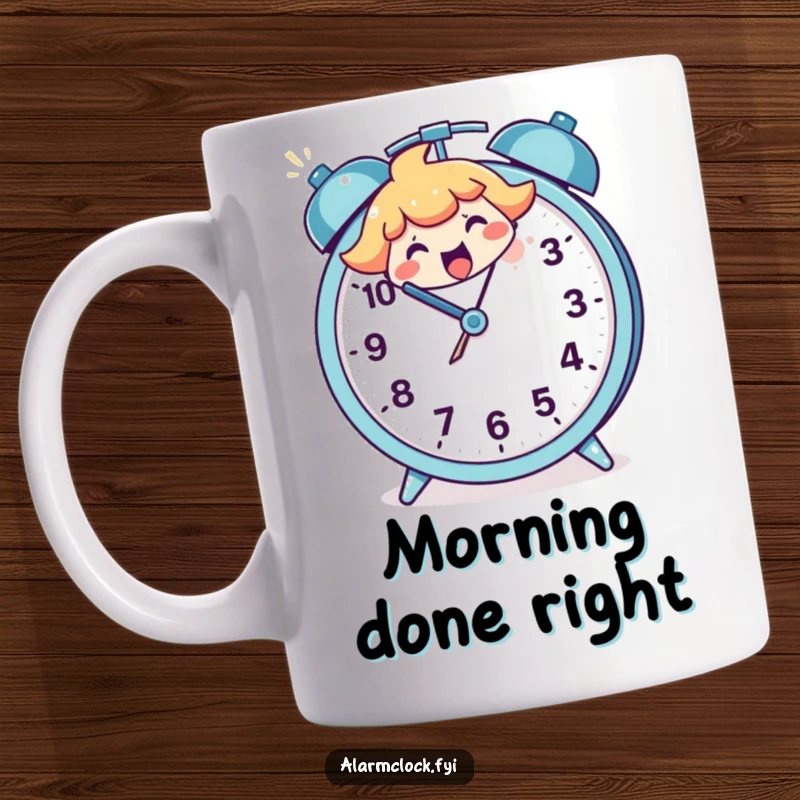 Funny mug featuring a joyful character smashing a large, cartoon alarm clock with glee, expressing a humorous hatred for waking up.