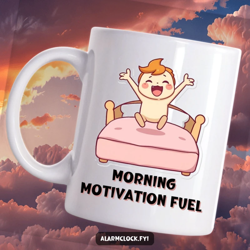 Funny mug depicting a happy character energetically bounding out of bed with excitement, embodying a joyful morning rush.