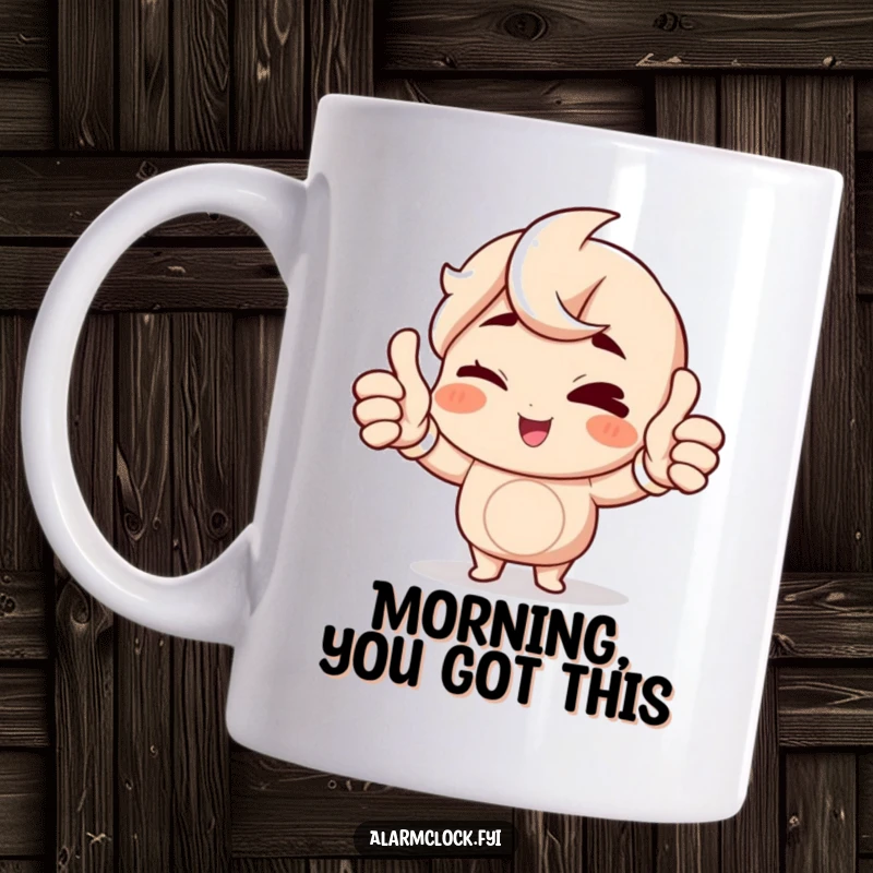 Funny Winking Character Mug with a cheerful character giving a double thumbs up to the morning, ideal humorous gift.