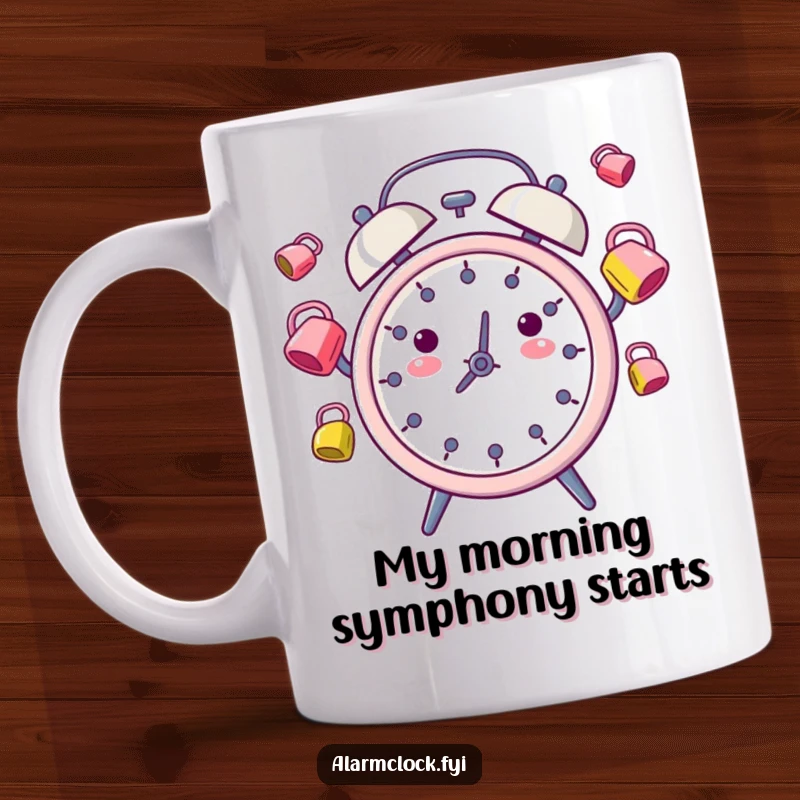 Funny Mug: A playful alarm clock character hilariously juggling tiny, bright alarm bells with a mischievous grin.