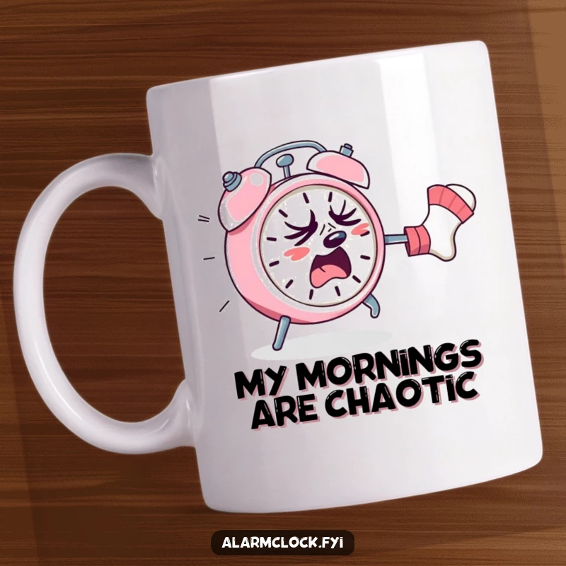 Funny mug showing a sweating alarm clock desperately running from a mischievous rogue sock, capturing morning panic and humor.