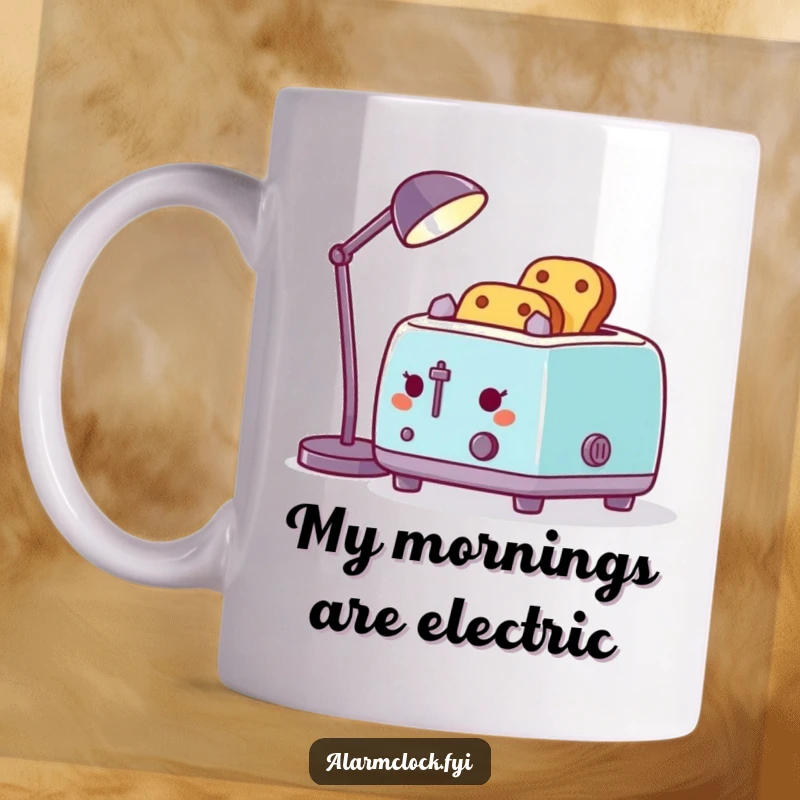 Funny mug showing a cheerful toaster using a desk lamp to toast bread, a quirky and humorous kitchen appliance graphic.
