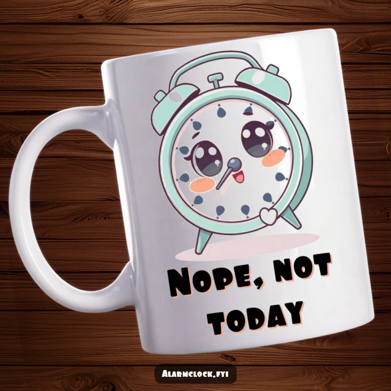 Funny mug showing a character with wide eyes, playfully jumping away from a loud ringing alarm clock.