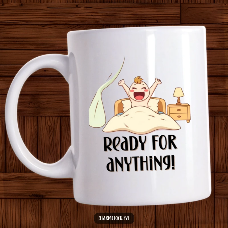 Funny mug depicting an ecstatic character energetically leaping out of bed, embodying pure morning excitement and enthusiasm.